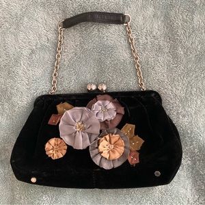 Echo silk Flowers and and black Velvet Cocktail Purse